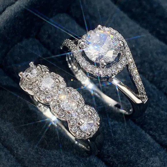 Jewelry - 2pcs Set Fashion Silver Cubic Zirconia Luxury Wedding Promise Rings For Women